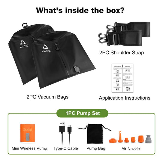 Zurligi Vacuum Organiser Bags for Travel with Pump, 40L Vacuum Compression Bag with Adjustable Shoulder Strap, IP67 Reusable Vacuum Packing Cubes for Luggage, Backpack, Suitcase, Yoga, Swim, Beach (2Pc+Black)