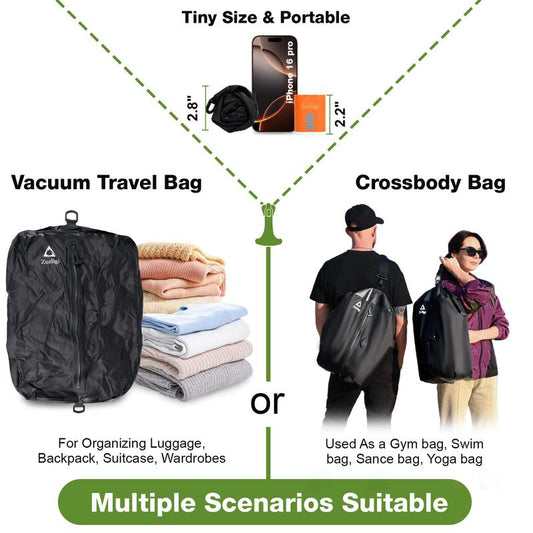 Zurligi Vacuum Organiser Bags for Travel with Pump, 40L Vacuum Compression Bag with Adjustable Shoulder Strap, IP67 Reusable Vacuum Packing Cubes for Luggage, Backpack, Suitcase, Yoga, Swim, Beach (2Pc+Black)