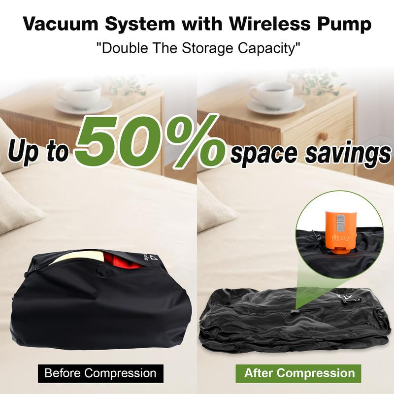 Zurligi Vacuum Organiser Bags for Travel with Pump, 40L Vacuum Compression Bag with Adjustable Shoulder Strap, IP67 Reusable Vacuum Packing Cubes for Luggage, Backpack, Suitcase, Yoga, Swim, Beach (2Pc+Black)