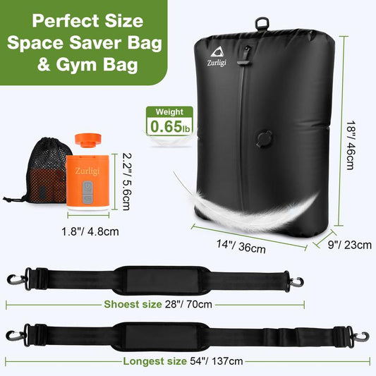 Zurligi Vacuum Organiser Bags for Travel with Pump, 40L Vacuum Compression Bag with Adjustable Shoulder Strap, IP67 Reusable Vacuum Packing Cubes for Luggage, Backpack, Suitcase, Yoga, Swim, Beach (2Pc+Black)